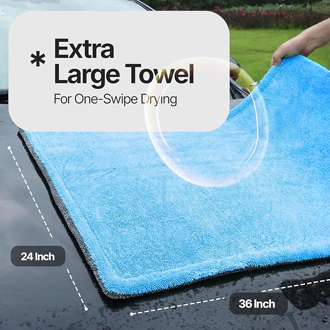 Crystal Clean 1300GSM Microfiber Towels for Cars – XL Drying Towel with Double Twisted Loop, Professional Detailing Towel Car Detailers - Quick Dry, Paint Safe & Swirl-Free (Grey+Blue)