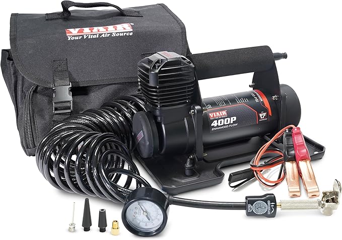 VIAIR 400P EF Enhanced Flow - 40143 Tire Inflator Portable Offroad Air Compressor for Truck & SUV | 12V On/Off Road Tire Pump Air Compressor | 150 PSI (SAE, Alligator Clips)