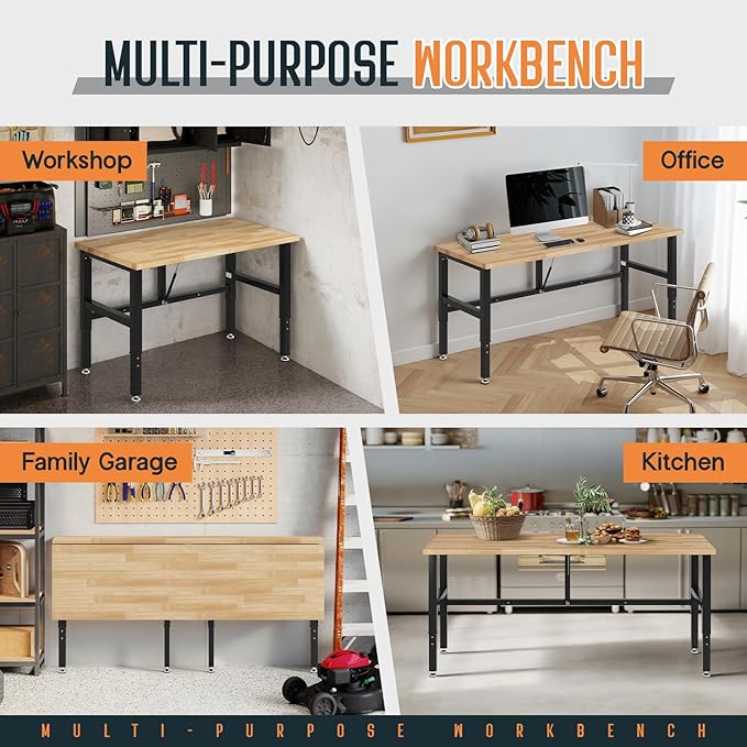 SPECRAFT 72x24 Folding Workbench, Adjustable Foldable Workbench with 2000 LBS Capacity, 30.7"-40" Height, Rubber Wood Top for Garage, Workshop, Office