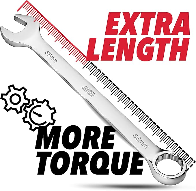 Jaeger 36mm Jumbo Combination Wrench with 15° Offset Box End – Heavy-Duty Metric Wrench with 12-Point Box End, High-Strength Steel, Automotive, Construction, and Mechanical Applications
