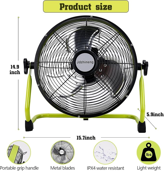 12 Inch Battery Operated Fan, 15000mAh Rechargeable Floor Fan, Portable Cordless Outdoor Fan with Metal Blade for Camping, Travel, Home, and Emergency Use – Green