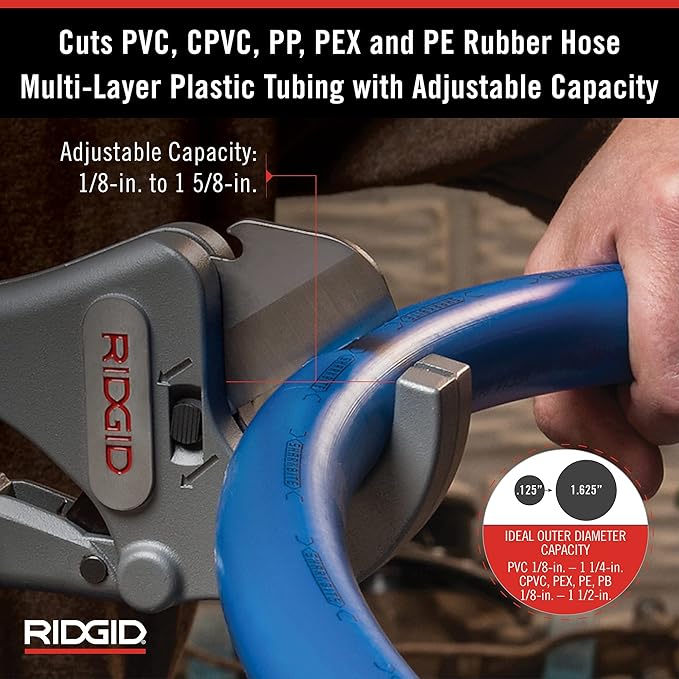 RIDGID 23498 Model RC-1625 Aluminum Ratchet Action 1/8" to 1-5/8" Plastic Pipe And Tubing Cutter, Silver, Small