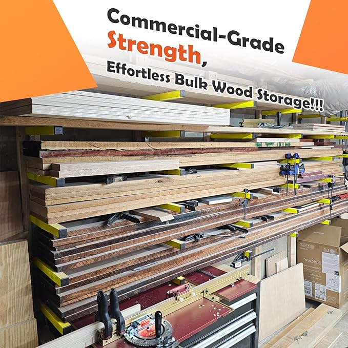 Wood Organizer Lumber Storage Rack Wall Mount - Heavy Duty Metal Cantilever Shelves With 3-Level Holds Up 600 Lbs,Indoor & Outdoor Wood Storage Racks For Garage Woodshops Workshops -2 Pack ,Yellow