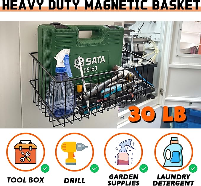 ULIBERMAGNET Magnetic Baskets, Large Capacity Metal Wire Mesh Basket Holder Organizer for Sundry Tool Storage, Magnetic Shelf for Garage, Laundry, Kitchen, Workshop, Cabinet(2 Pack)
