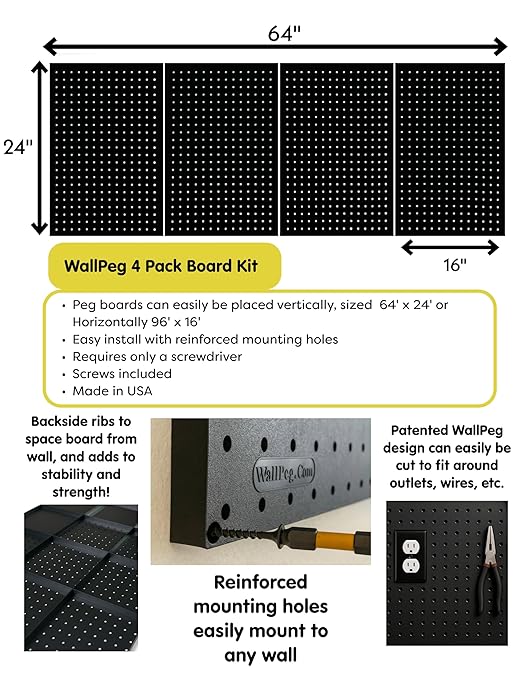 WallPeg Pegboard Kit - 4 Each 24"x16" Peg Board Panels - Made in USA - Mounted Size is 64" x 24" Pegboards Wall Organizer for Walls Home, Garage Tool Storage, Office Organization, Kitchen, Craft Room
