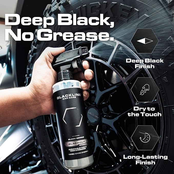 Blackline Blackout Sprayable Trim and Tire Dressing - Premium Satin Finish, No Sling, UV and Water Resistant - For Plastic, Rubber, Vinyl, and Tires - Safe for All Vehicles - 16 fl oz