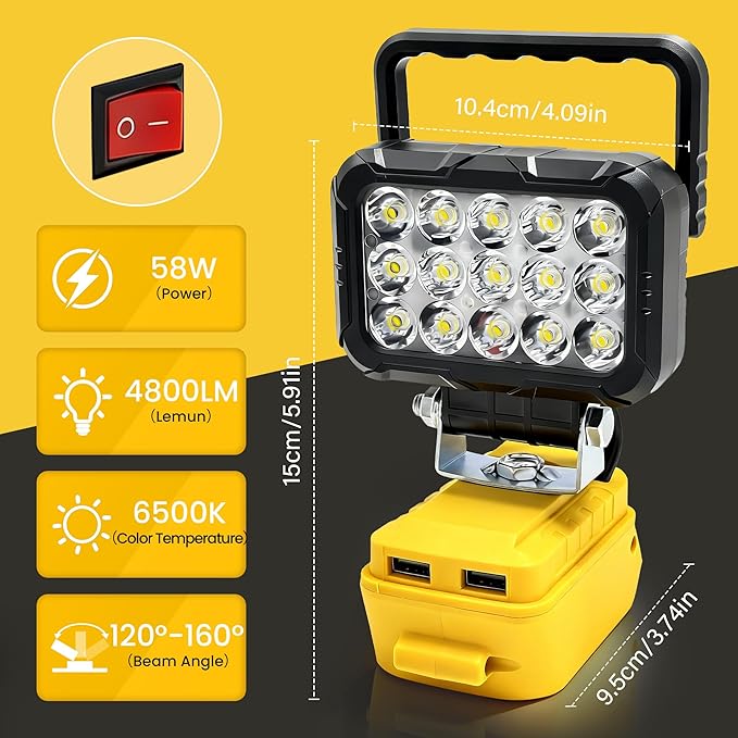 2PCS Cordless LED Work Light for DEWALT Battery, 58w 4800lumens Battery Powered Work Lights for Battery, Portable LED Light with Two USB Charging Port for Workshop, Outdoor, Emergencies