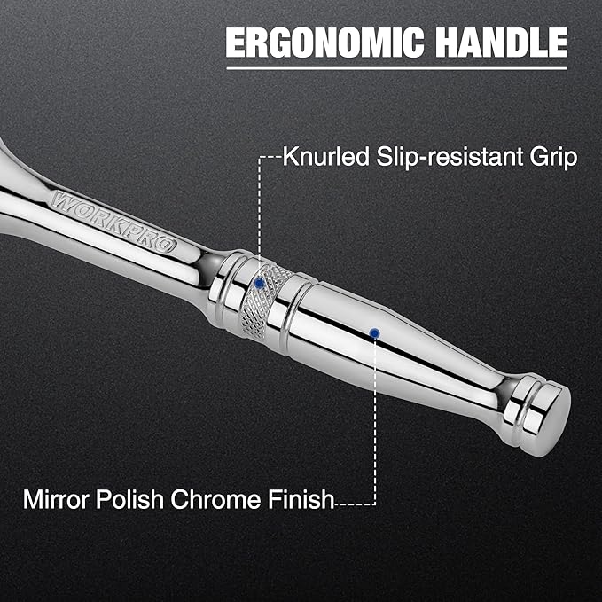 WORKPRO 3/8-Inch Drive Ratchet, Quick-Release Reversible Ratchet Wrench, 72-Tooth 3/8 Drive Ratchet Handle, Chrome Alloy Made, Cr-Mo Head, Full Polished