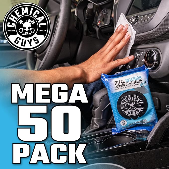 Chemical Guys Total Interior Cleaner & Protectant Wipes – 50 Pack Multi Surface Car Interior Cleaning Wipes for Dashboards, Doors and Seats – Safe for Trucks, SUVs, RVs and Home Use