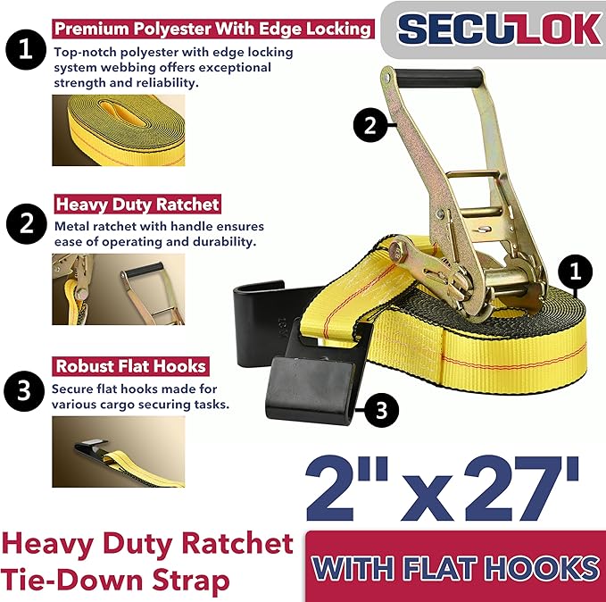 2" x 27' Heavy Duty Ratchet Tie Down Straps w/Flat Hooks, 3,333 Lbs WLL Cargo Control for Trucks & Trailers, 2 Inch Durable Straps for Motorcycle, ATV & Boat Transportation, 2 Pack