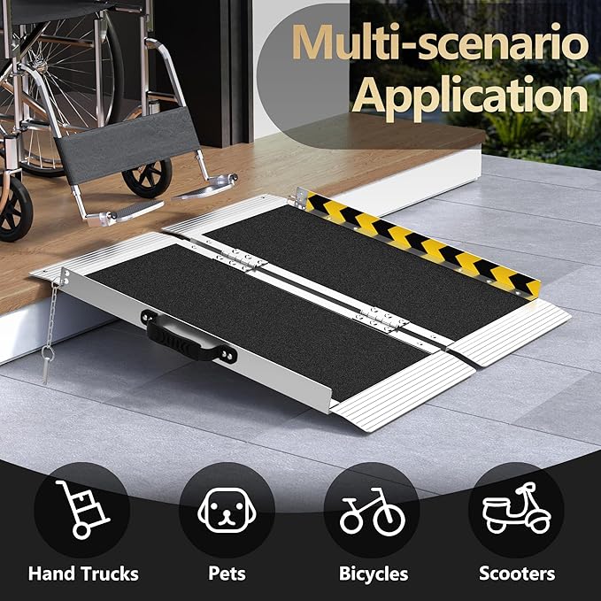 2FT Portable Wheelchair Ramp, Aluminum Wheelchair Ramps with Handle, Anti-Slip Folding Wheel Chair Ramp for Home Steps, Stairs, Entry, Threshold, Doorways, Scooter, 600LBS Capacity