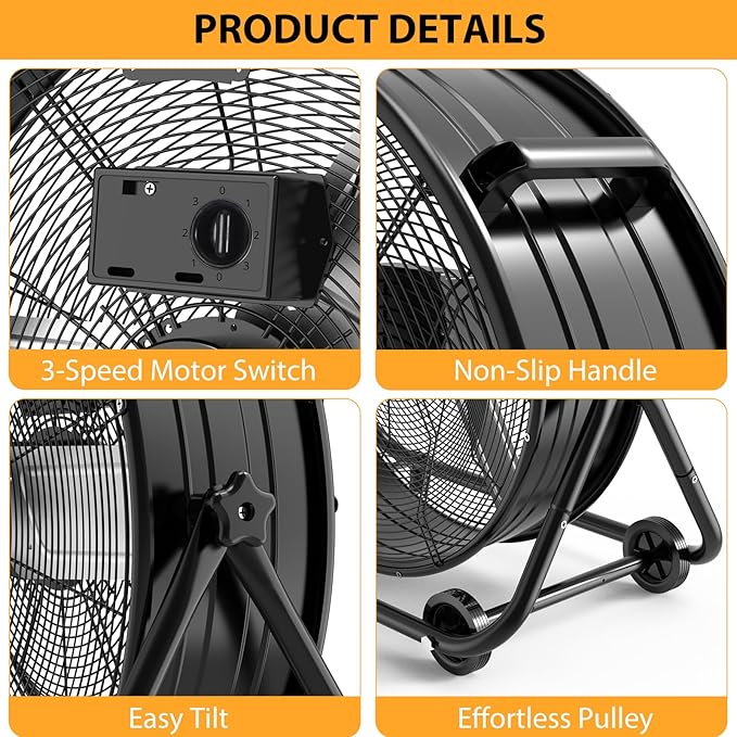 GarveeHome 24 in Industrial Drum Fan, 5700 CFM High Velocity Floor Fan, 3 Speed Heavy Duty Metal Air Circulator Fan, 360° Tilt with Casters Handle, Ideal for Patios, Warehouse, Commercial, Basement