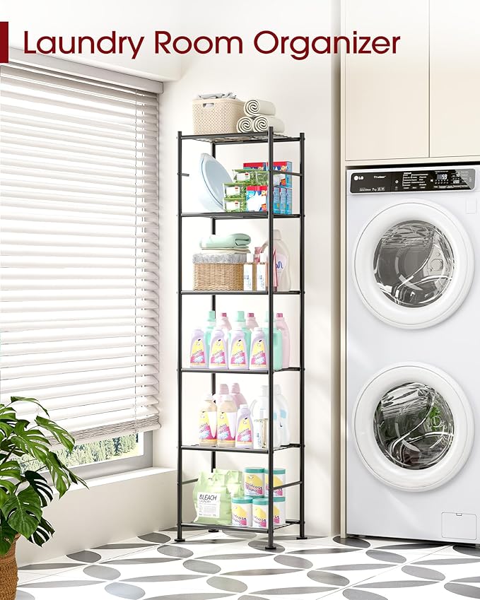 Sakugi 6-Tier Metal Storage Shelves - Slim Shelf Organizer with Reinforced Side Bars, Spacious Storage for Kitchen, Bathroom, and Laundry Room Organization, 18.2" x 12.5" x 70.1", Black
