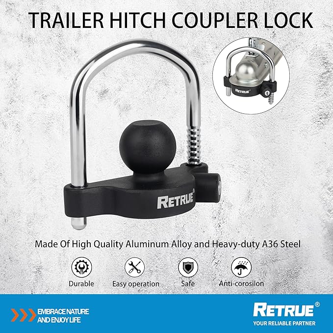 RETRUE Universal Coupler Lock Trailer Locks Ball Hitch Trailer Hitch Lock Adjustable Security Heavy-Duty Steel Fits 1-7/8 Inch, 2 Inch, 2-5/16 Inch Couplers, Matte Black