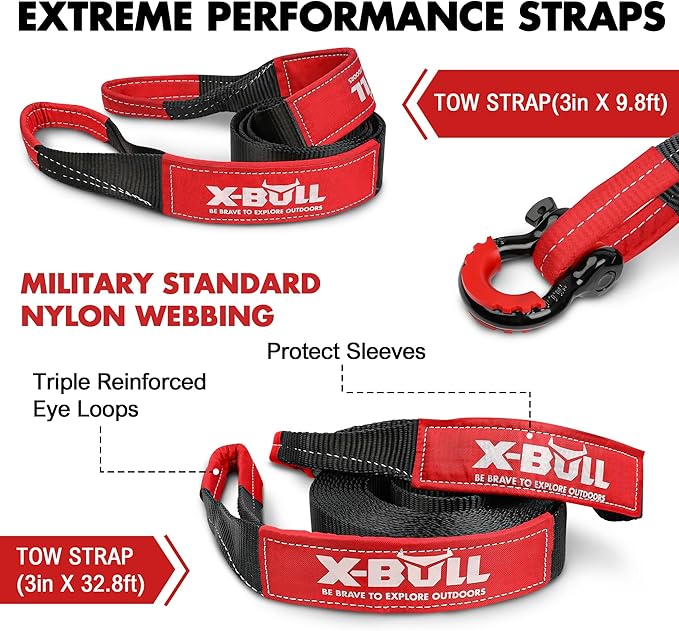 X-BULL Off-Road 4×4 Recovery Kit - Heavy Duty 3'' x 30' (31518LBS) 100% Nylon Tow Strap+41887lbs Break Strength D-Ring Shackles (2pcs)+Block Pulley+Gear Storage Bag +Gloves for ATV/UTV Jeep Truck