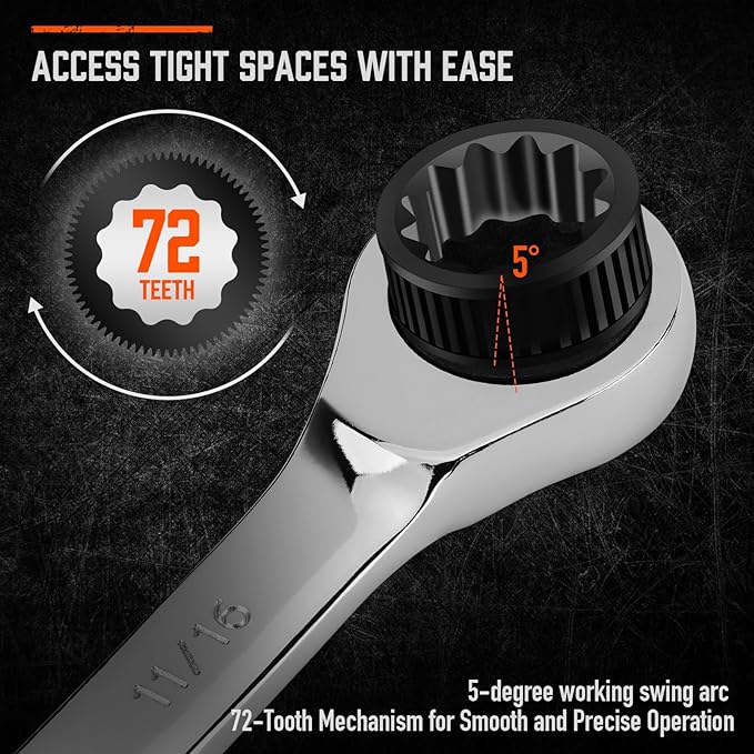 HORUSDY 13-Piece Sturdy Ratcheting Wrench Set | SAE 1/4''–7/8'' | Max Torque Ratchet Combination Wrenches Set with Storage Rack | 72-Tooth | Chrome Vanadium Steel