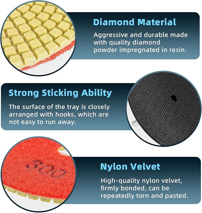 14 Pack 4 Inch Diamond Polishing Pads Kit with 2PCS 5/8’’-11 Backer Pad 12PCS Wet/Dry Polish Pad Set for Drill Grinder Polisher 50-8000 Grit Pads for Granite Marble Stone Concrete Countertop Quartz