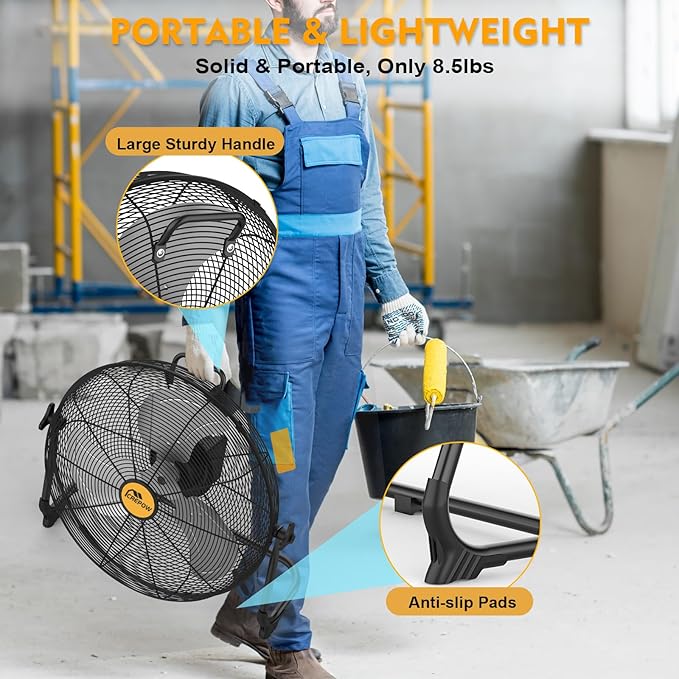 16" Battery Operated Floor Fan Compatible with Dewalt 20V Max Battery, Portable Cordless Fan with AC Adapter, USB and Type C Output, Variable Speed Fans for Jobsite Garage Camping (No Battery)