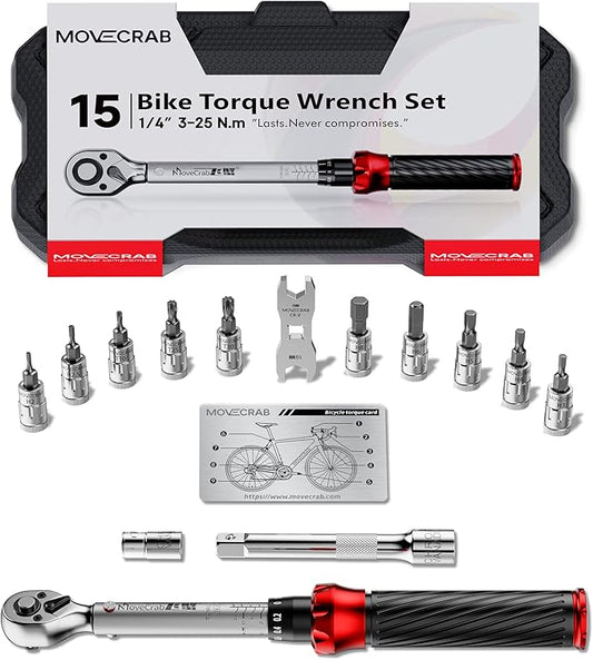 1/4" Drive Click Torque Wrench Set 3-25 N.m/2.21-18.43 Ft.lb, 15-Piece Bike Torque Wrench Kit for MTB & Cycling Maintenance with 8/10mm Brake Cable Wrench, Bits, Card