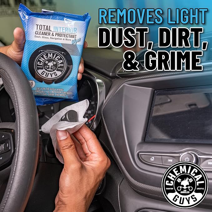 Chemical Guys Total Interior Cleaner & Protectant Wipes – 50 Pack Multi Surface Car Interior Cleaning Wipes for Dashboards, Doors and Seats – Safe for Trucks, SUVs, RVs and Home Use