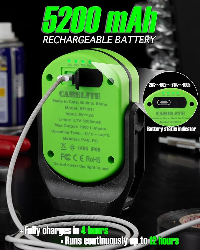 Magnetic Work Light, 1500 Lumens – Dual LED Mechanic Light, 5200mAh Rechargeable, 4 Modes, Strong Magnetic Base, Portable Shop Light for Auto Repair, Inspection & Jobsites (Green)