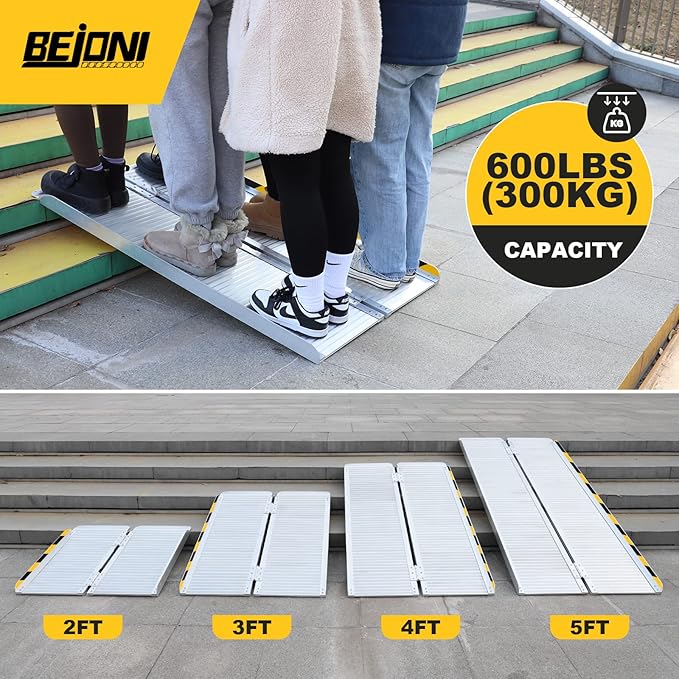 BEJONI 3FT Silvery Folding Portable Wheelchair Ramp, Non-Slip Aluminum Threshold Ramp for Home Steps and Doorways, Handicap Ramp for Home Use, Scooter Ramp for Car, 600 LBS Weight Capacity