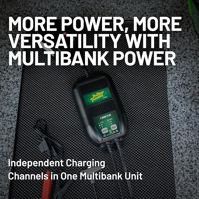 Battery Tender Plus 2 Bank Multibank Charger - 2.5 AMP (1.25 AMPs Per Bank) - Smart 12V Multi Battery Charger and Maintainer for Standard, AGM, and Lithium LiFePO4-022-0165-DL-WH