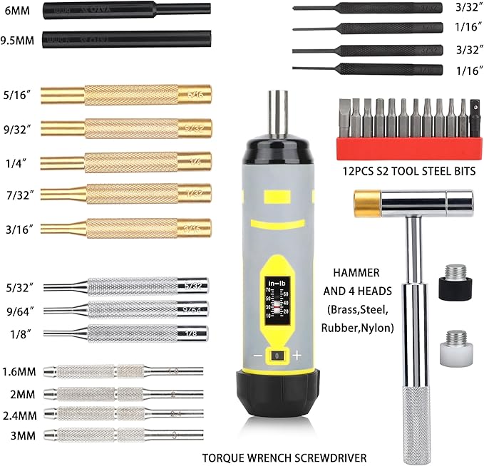 Torque Screwdriver & Pin Punch Set, Elite Gunsmithing Tools Absolute Combo for Gun Maintenance, Scope Mounting, DIY, Include S2 Bits, Brass and Steel Pin Punches, Hammer set