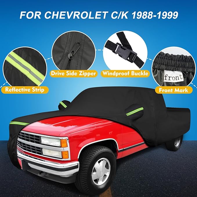 QUNSUNUS Waterproof Truck Cover for Chevrolet C/K 1500/2500/3500 1988-1999, Outdoor Truck Cover with Zipper, Full Exterior Car Covers for Automobiles All Weather with Wind, Sun, UV and Dust Protection