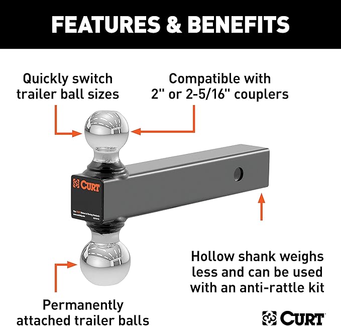 CURT 45002 Multi Ball Mount fits 2" or 2-5/16" Couplers | Mounts on Trailer Hitches with a 2" x 2" Receiver Tube Opening | Allows for Quick Changes Between Ball Sizes