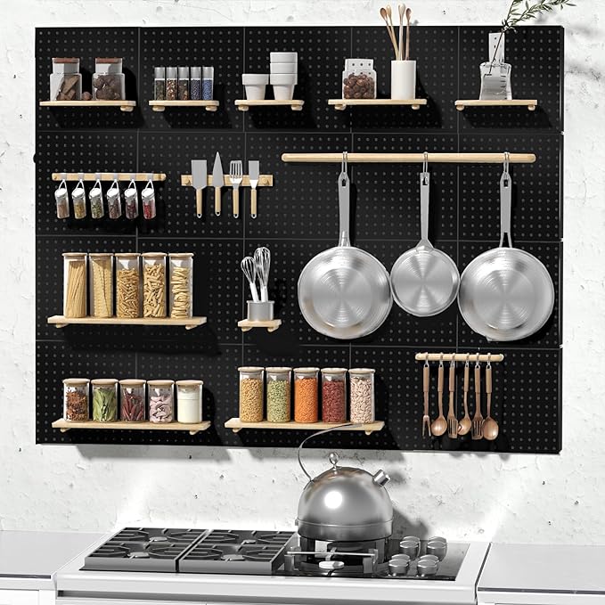 Peg Board, 6PCS Metal Pegboard, Heavy Duty Pegboard Wall Organizer with Frame. Black Pegboard for Walls, Garage, Workbench, Craft Room Tool Organization, Metal Pegboard Panels 12in*12in