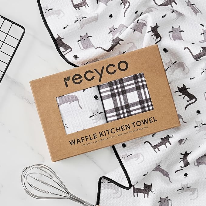 RECYCO Waffle Kitchen Towel Set of 2 - Quick Dry Microfiber Sustainable Dish Towels - Absorbent Reusable Cleaning Tea Towels - Lightweight Hand Towels,16”x 28”, Shadow Meow