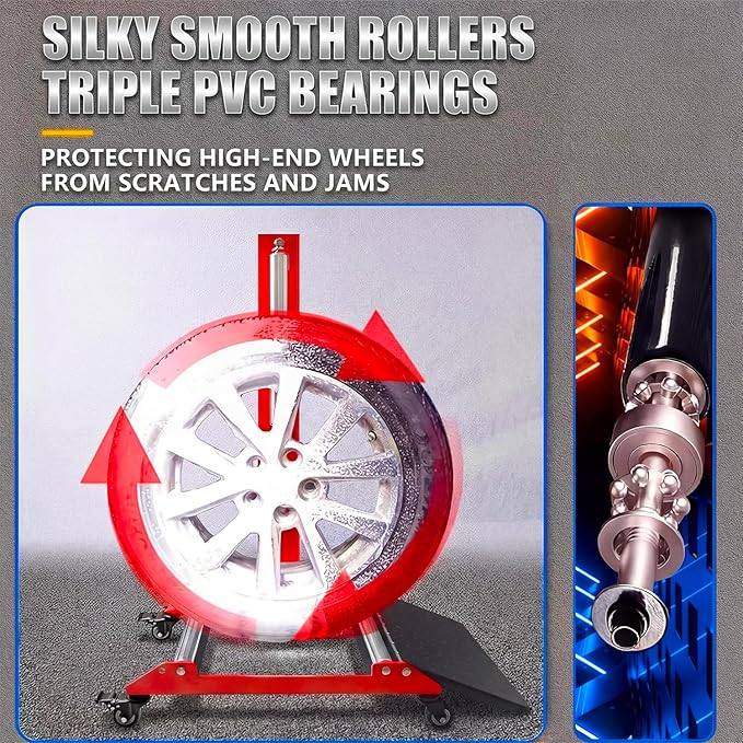 Upgraded Rolling Wheel Detailing Stand – Heavy-Duty Tire Cleaning and Polishing Roller with Wheels Handle Ramp and 3-Way Rotating Rollers for Ceramic Coating, Tire Shine, Car Wheel Wash