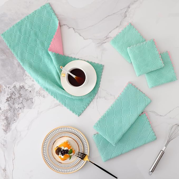 Mordimy 24 Pack Kitchen Towels (20" x 10", Green & Pink), Super Soft and Absorbent Dish Towels, Coral Velvet Microfiber Cleaning Cloth, Nonstick Oil Fast Dry Dish Cloths