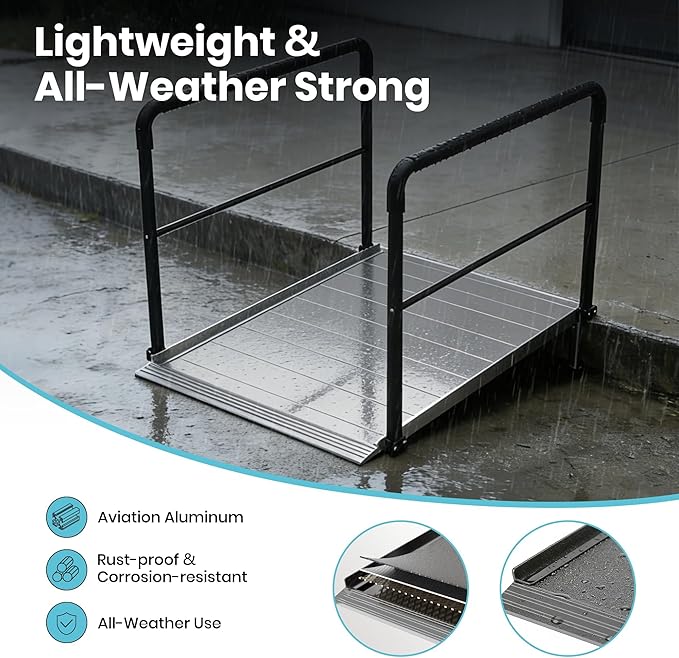 4FT Wheelchair Ramp with Handrails, Heavy Duty 800 lbs Capacity, Aluminum Threshold Ramp for Home Steps, Doorways & Curbs - Semi-Permanent Non-Slip Access for Wheelchairs, Scooters, Seniors & Disabled