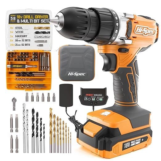 Hi-Spec 58 Piece 18V Cordless Drill Driver & S2 Steel Bit Set in a Zipper Case. Electric Power Screwdriver & Drilling DIY Tool for Metal, Wood & Masonry in the Home, Garage & Workshop