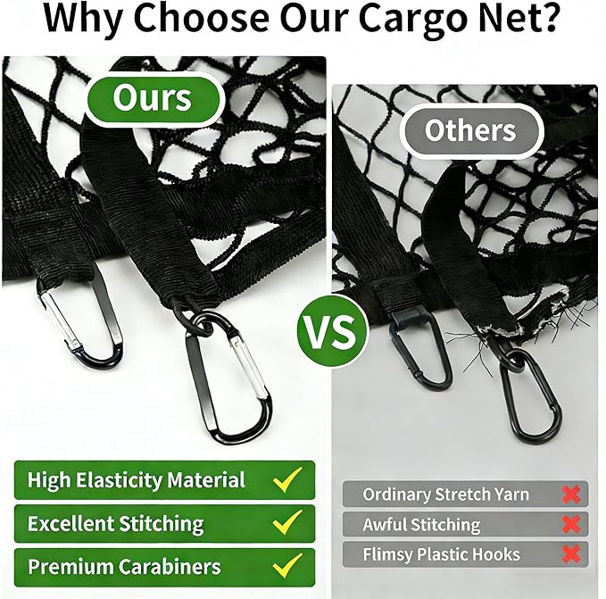 Cargo Net for Pickup Truck Bed, Double Layer Truck Bed Net, Suitable for Daily Light Loads of Trucks, 4'x4' Stretches to 7'x7', with 6 Metal Carabiners