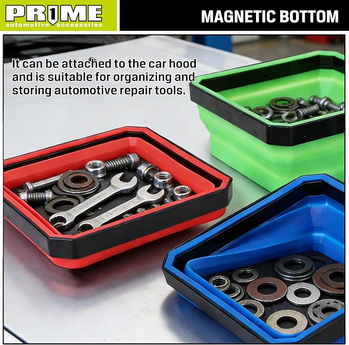 PR1ME Collapsible Magnetic Parts Tray Set, Foldable Magnetic Tray, 3 Pieces 4.25 inch Square Silicone Bowls with Magnetic Base Stores and Organizes Small Parts and Tools