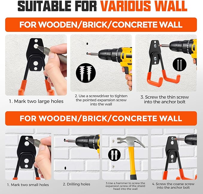 Heavy Duty Garage Hooks, 24 Pack Steel Wall Mount Storage Organizer with Anti-Slip Coating Garage Hook Set for Hanging Ladders, Bikes, Tools, Ropes, Coats