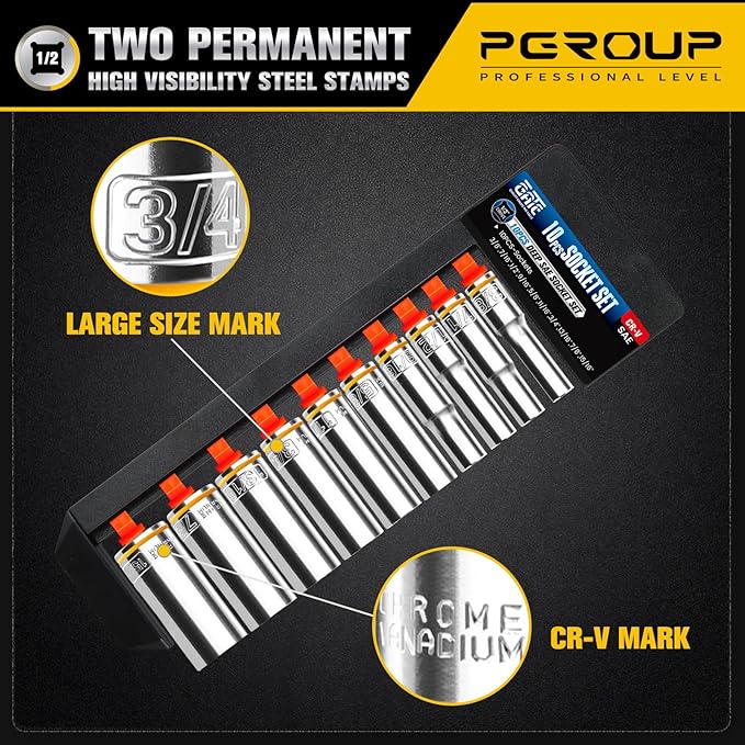 10PCS 1/2” Drive Deep Socket Set, SAE (3/8"-15/16"), 6-Point, Cr-V Steel, Chrome Plated Socket With Hanging Bracket, Cover Most Commonly Sizes
