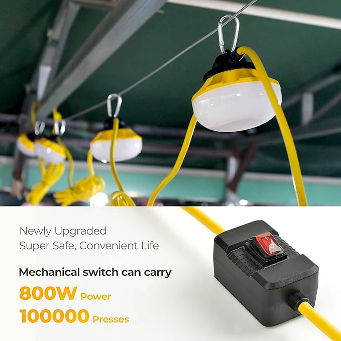 3 Prong LED String Lights with Switch: 100FT Linkable ETL Certified Bright Work Lights, Hanging Temporary Outdoor/Indoor Lighting for Construction Attic Jobsite Garage Shop