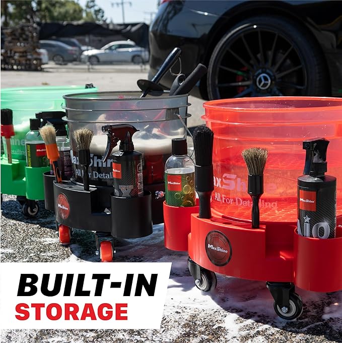 Maxshine Universal Rolling Bucket Dolly (Red) – Heavy-Duty Detailing Bucket Cart with 5 Wheels & 2 Locking Casters – Mobile Organizer for Compounds, Brushes & Car Wash Supplies