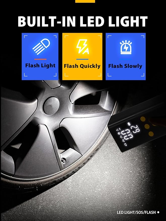 Portable Tire Inflator for Car 150 PSI, 4X Faster Car Tire Pump with Pressure Gauge, Large Dual Digital Screen and Auto Off Function, LED Light