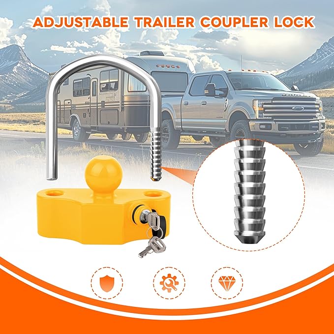 DEEAGLE Trailer Ball Coupler Lock, Heavy Duty Trailer Ball Hitch Lock Fits 1-7/8 Inch, 2 Inch, 2-5/16 Inch Couplers, Hitch Lock with Keys, Yellow