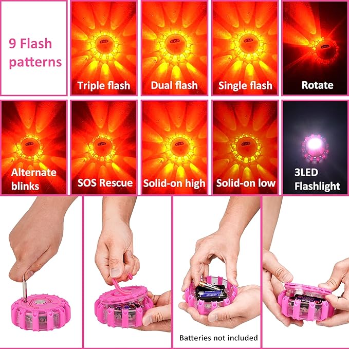 Pink Roadside Assistance Kit with Jumper Cable, Tow Rope, LED Road Flare, Deer Whistles and More Women Emergency Safety Tool Kit