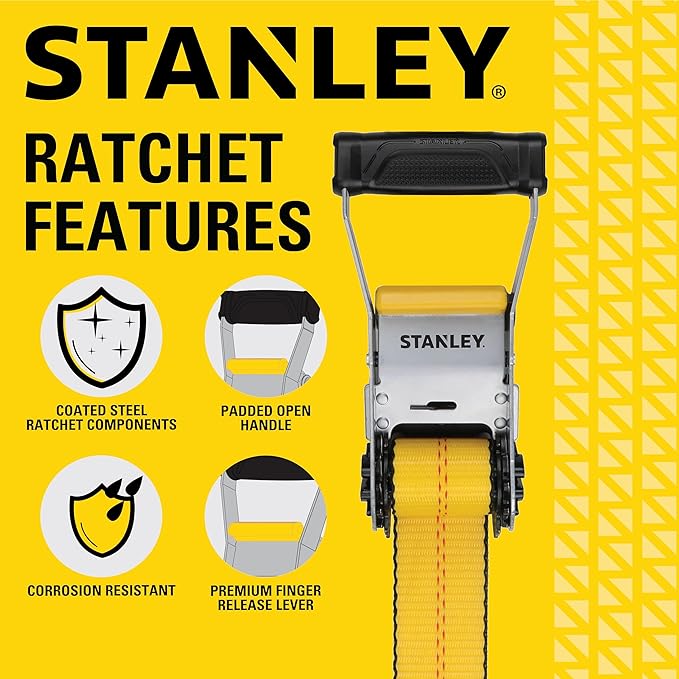 STANLEY S10000F Black/Yellow 2" x 27' Ratchet Strap with Flat Hooks - 3,333 LBS Safe Working Load / 10,000 LBS Break Strength