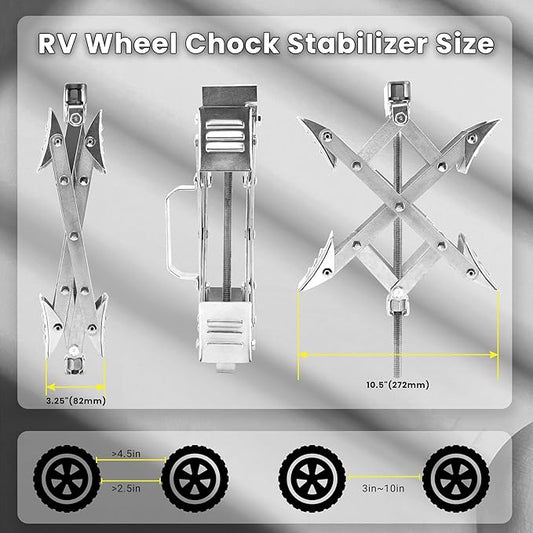 X-Shaped RV Wheel Chock Fit 3.25” to 10.5” Camper Wheel Chock Stabilizer Scissor with Accessories Pair for Travel Trailer, Heavy Duty Tire Wheel Chock Scissor Locking X Chock, 1Pack