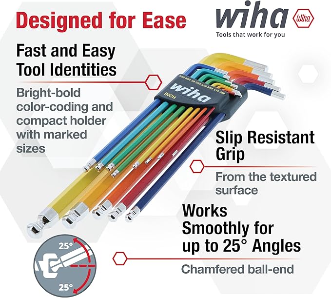 Wiha 66981 13-Piece Color Coded SAE Hex Key Allen Wrench Set, Ball End L-Key, .05"-3/8", Made in Germany