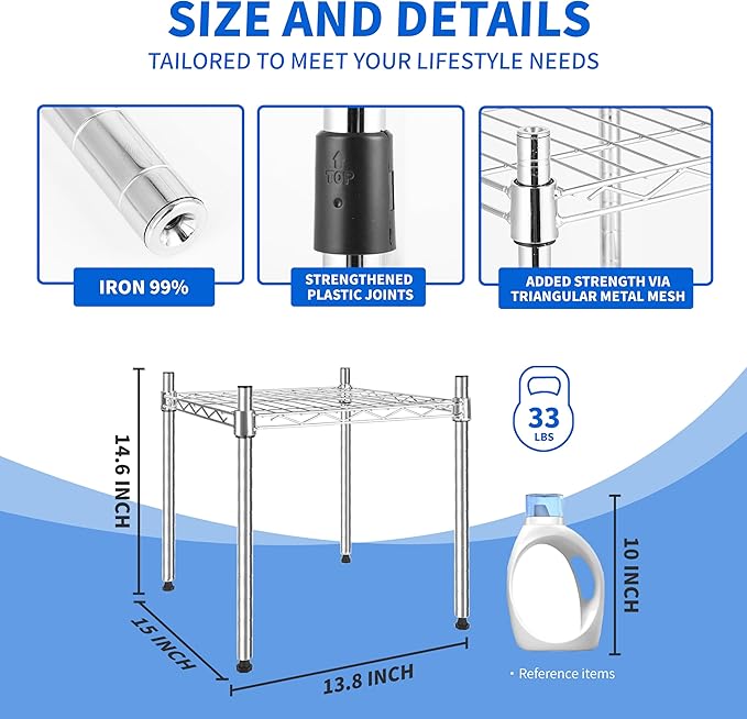 Simple Deluxe 1-Tier Shelving Unit, 15" W x 13.8" D x 15" H Wire Metal Stackable Storage, Chrome