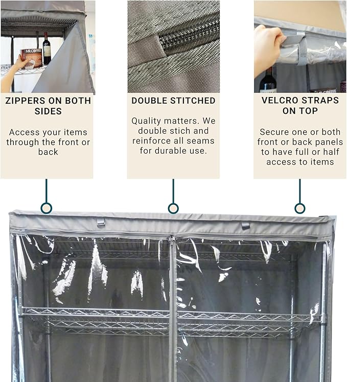 Formosa Covers Premium Clear Front Wire Shelf Cover Grey - Heavy-Duty Storage Solution Wire Rack Cover (60”Wx24”Dx75”H) - Waterproof PVC, Water/Dust Resistant Fabric, Multi Zipper (No Shelf)